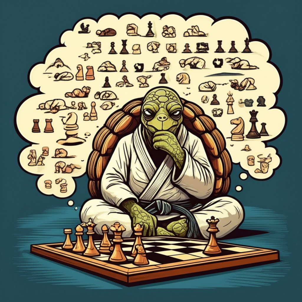 Wise BJJ turtle studying a chess position, representing pattern recognition and the mental game