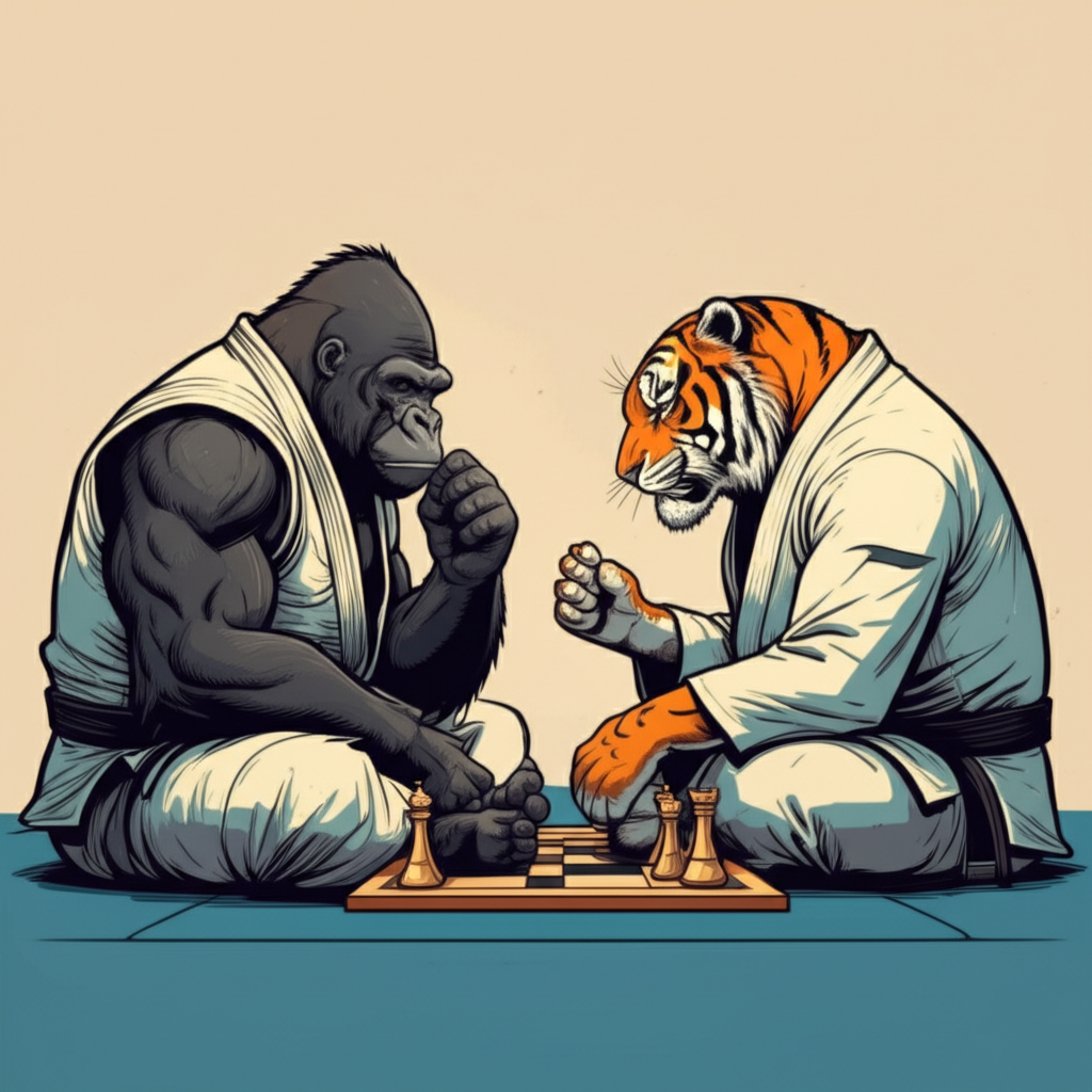 BJJ animals facing off over a chess board, contemplating their opening moves
