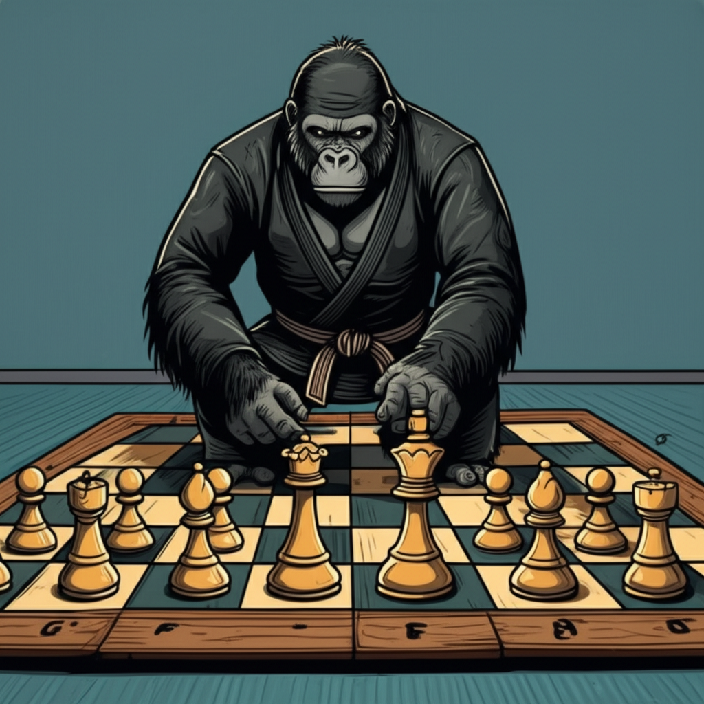 BJJ gorilla strategically controlling the center of the chess board